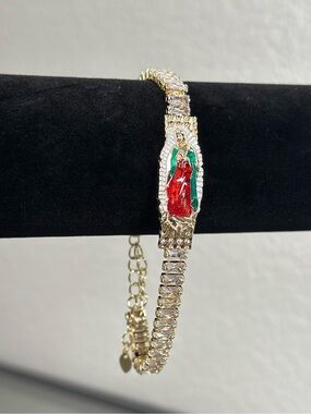 Gold-Filled Virgin Mary Bracelet with Red & Green Enamel - 7 inches Adjustable